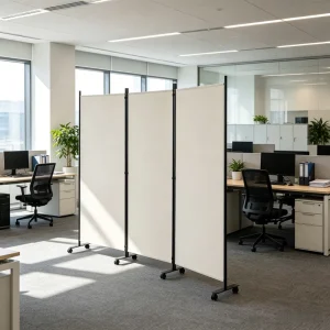 Modern Folding 3 Panel Office Screen with Wheels 255cm Wide Waterproof Polyester Fabric Partition Wall with Stable Metal Base