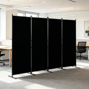 Modern Folding 4 Panel Office Screen 340cm Wide Waterproof Polyester Fabric Partition Wall with Flat Metal Base for Resellers