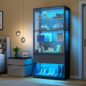 Modern Glass Display Cabinet with LED Lighting, Drawer, and Pegboard Back