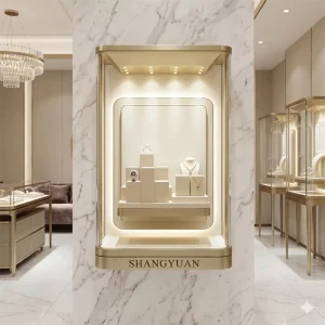 Modern Gold Frame Wall-Mounted Jewelry Showcase with Metal Glass Timepiece Display Cabinet