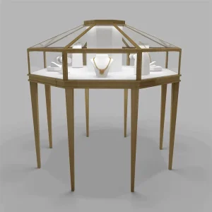 Modern Hexagon LED Jewelry Display Showcase with LED Lighting Floor standing Fixture for Retail Store & Shopping Mall Use