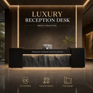 Modern Hotel Lobby Reception Counter Wood Grain Stone Texture LED Strip Design