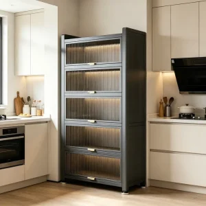 Modern Kitchen Storage Cabinet with Fluted Glass Doors 5-Tier Metal Pantry Organizer Rack for Microwave and Oven