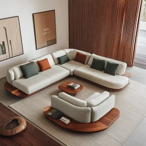 Modern L-Shaped Modular Fabric Sofa Set with Wood Finish for Living Room