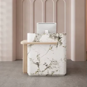 Modern Marble and Wood Reception Desk with Customizable Counter Table for Salons Hotels Spas and Retail Stores