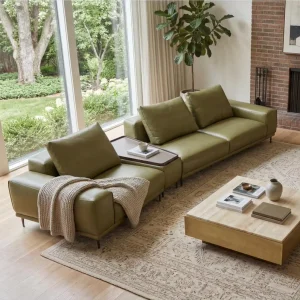 Modern Minimalist Full Leather Leisure Sofa Set With Integrated Side Tea Table Slim Metal Leg Design Comfort Modular Sofa Couch