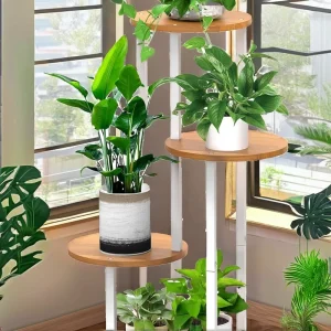 Modern Multi tier Plant Stand Wood Flower Pot Holder Indoor Outdoor Space Saving Display Shelf White Metal Frame for Home Decor