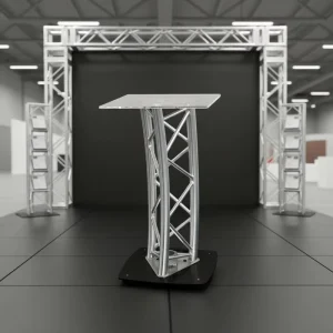 Modern Silver Curved Truss Podium Aluminum Alloy Frame with Acrylic Top for Indoor and Outdoor Activities
