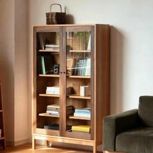 Modern Solid Wood Double Glass Sliding Door Book Cabinet Glass showcase Cabinet for Living Room Books Storage Unit