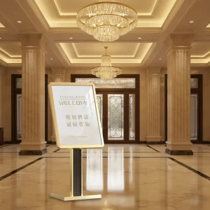 Modern Style Vertical Metal Polished for Water Display Rack Hotel Lobby Sign Directional Floor Stand Welcome Sign