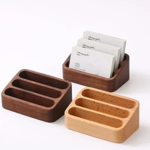 Modern Sustainable Wooden Business Card Holder 3 Slot Standing Type Multi Functional Desk Stand for Office Study Home