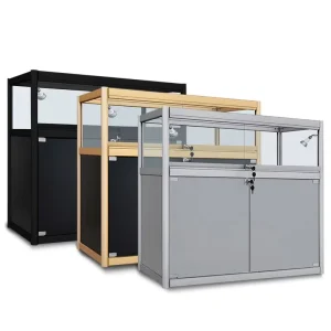 Modern Titanium Alloy Frame Glass Jewelry Display Showcase Cabinet with LED Light for Shopping Mall Use
