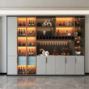 Modern Wall-Mounted Wood Wine Bar Cabinet with Glass Door and LED Light
