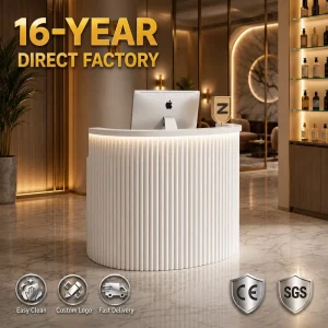 Modern White Curved HDF Reception Desk for Beauty Salon or Nail Shop with LED Option