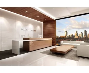 Modern White Medical Office and Hospital Reception Counter with Curved Design and Two Chairs