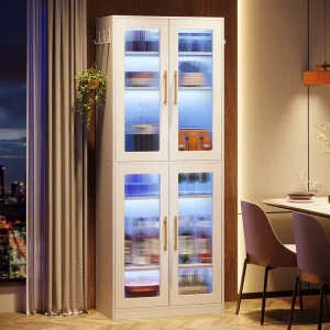 Modern White Wooden 8-Tier Floor-Standing Display Storage Cabinet with LED Lights and Hanging Hook