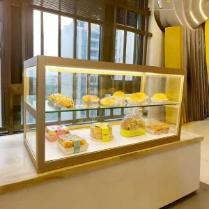 Modern Wood Glass Portable Bakery Display Stand with Cake & Bread Shelves for Supermarket Retail (Customized)