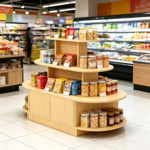 Modern Wooden Freestanding Supermarket Rack with Customizable Layers