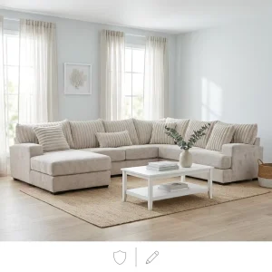 Modular Fabric L-Shaped Sofa with Deep Seat, High-Density Foam, and Wood