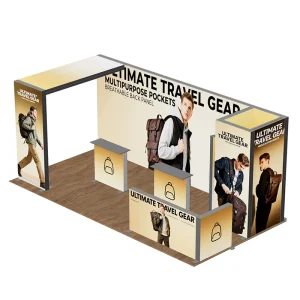 Modular Illuminated Island Exhibition Booth with Lightbox Columns and Reception Desk
