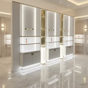 Modular Light Wood Cosmetic Display Shelf with LED Backlighting