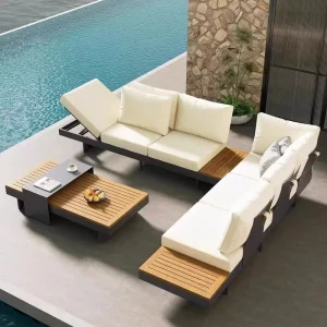 Modular Multi Combination Teak Panel Outdoor Conversation Furniture Reclining Chaise Module Weatherproof Cushion Sofa Set