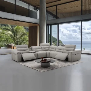 Modular Power Recliner Leather Sectional Sofa with Multimedia Armrest and LED Lights
