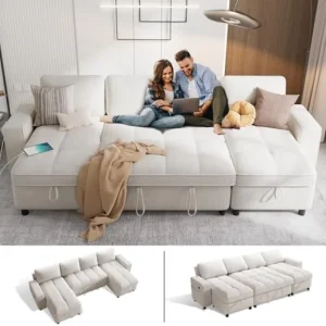 Modular U-Shaped Chenille Sleeper Sofa with Pull-Out Bed USB Ports Adjustable Backrest and Two Storage Seats