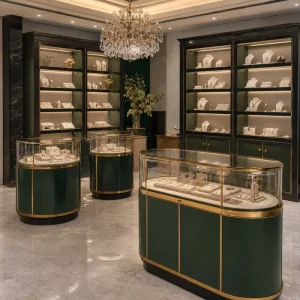 Mounted Solid Wood Glass Display Cabinet with Sliding Door and LED Lighting for Scarves, Necklaces, and Jewelry