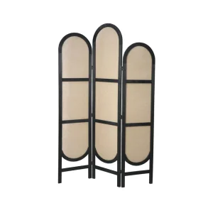 Movable Partition Wall Wood and Rattan Handcraft Room Divider Screen with Linen Fabric