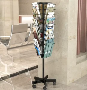 Movable Supermarket Metal Rotating Floor-Standing Magazine Newspaper Literature and Brochure Display Rack with Wheels