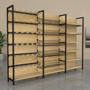 Multi-Functional Retail Display Rack with Hanging Hooks Wire Baskets and Flat Shelves
