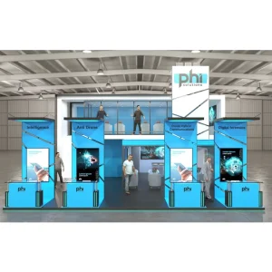 Multi functional Open Wooden Booth Design with Truss Ceiling for Global Expos