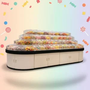 Multi-layer Folding Plastic Snack Display Rack with Food Bins Candy Display Cabinet