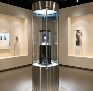 Museum Grade 360° Rotating Cylindrical Watch Display Cabinet Luxury Stainless Steel Glass Showcase