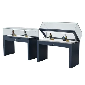 Museum Showroom Glass Display Cabinet with Glass Top, Metal Steel Structure, Hydraulic System, and Lighting