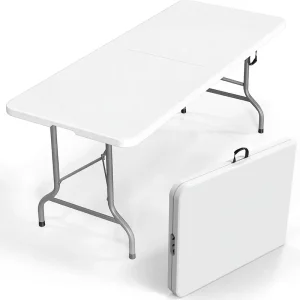 NBT Outdoor Iron Alloy Steel Plastic Folding Table Portable Camping Dining Rectangular Carrying Handle Smooth HDPE Tabletop