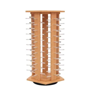 Natural Wood Floor Display Stand with Nine Rotating Tiers and Hooks