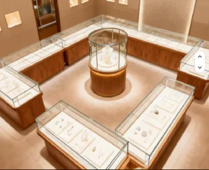 Natural Wood Gold Jewelry Mall Display Set with Central Cylinder Showcase and Wall Cabinets