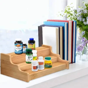 Natural Wood Multi-Level Display Rack for Beauty Products, Supplements, Jars, Books, and Decor