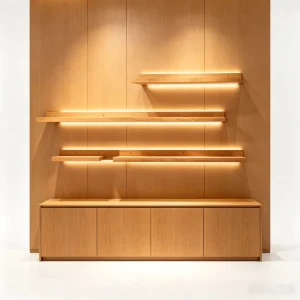 Natural Wood Retail Display Stand with Shelf Lighting and Bottom Storage