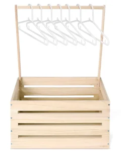 Natural Wooden Counter Display Stand with Hanger Rod and Storage Box for Scarves, Baby Clothing, and Belts