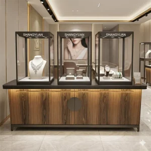 New Arrival Jewelry Display Cabinet Glass Tower Black Metal Frame Wood Storage Base LED for High end Jewelry Brand Store