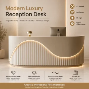 New Cream Light Luxury Wave Shape Ribbed Reception Table LED Illuminated Custom Logo Hotel Spa Front Desk