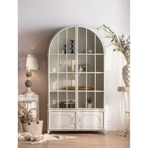 Nordic Style Tempered Glass Showcase Cabinet Wrought Iron Framed Modern Tall Display Storage Cabinet With 2 Glass Door
