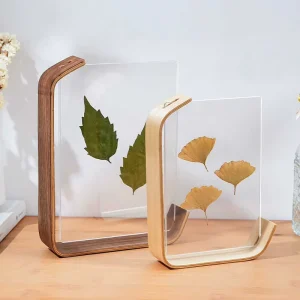 Nut Brown L-Shaped Acrylic Photo Frame with Wooden Stand for Pressed Leaves and Plant Specimens