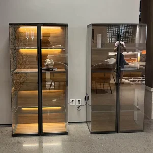 OKF Direct Manufacturer Airplane Wing Double Door Black Aluminum Alloy Steel Frame Glass Storage Display Cabinet With Led