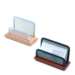 Office Desktop Stainless Steel Metal Business Card Holder with Wooden Base