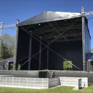 Outdoor Flat Top Aluminum Spigot Stage Truss Roof With Waterproof Black Side Curtain Barrier Wall