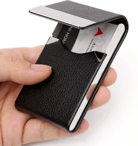 PU Leather Business Card Holder Slim Metal Pocket Card Holder with Magnetic Closure